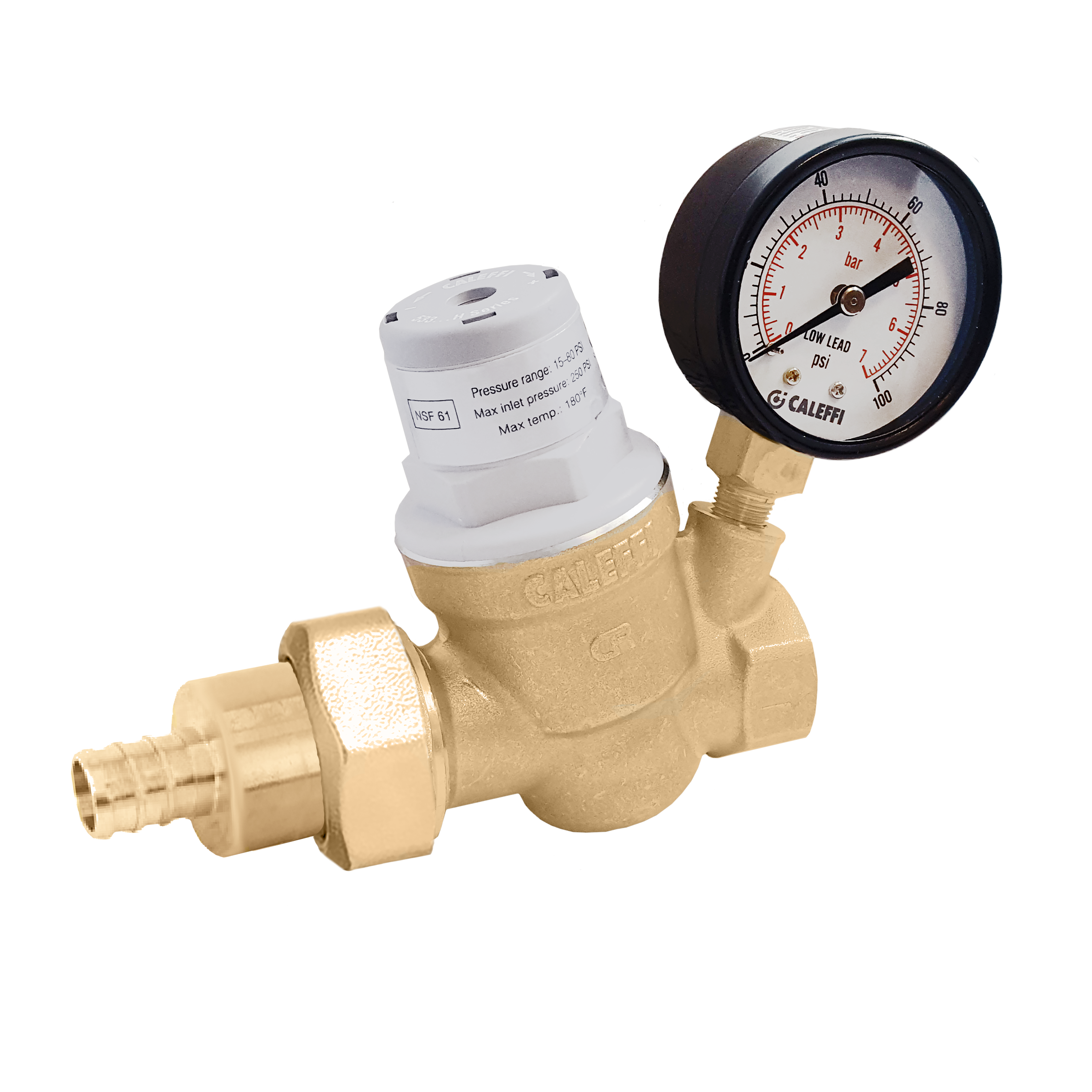 Caleffi 533851HA PresCal™ Compact Pressure Reducing Valve with Gauge, ¾" PEX Expansion Union in, FNPT out - Edmondson Supply