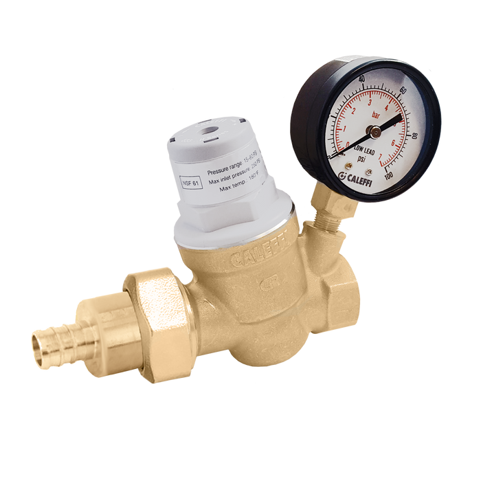 Caleffi 533851HA PresCal™ Compact Pressure Reducing Valve with Gauge, ¾" PEX Expansion Union in, FNPT out - Edmondson Supply