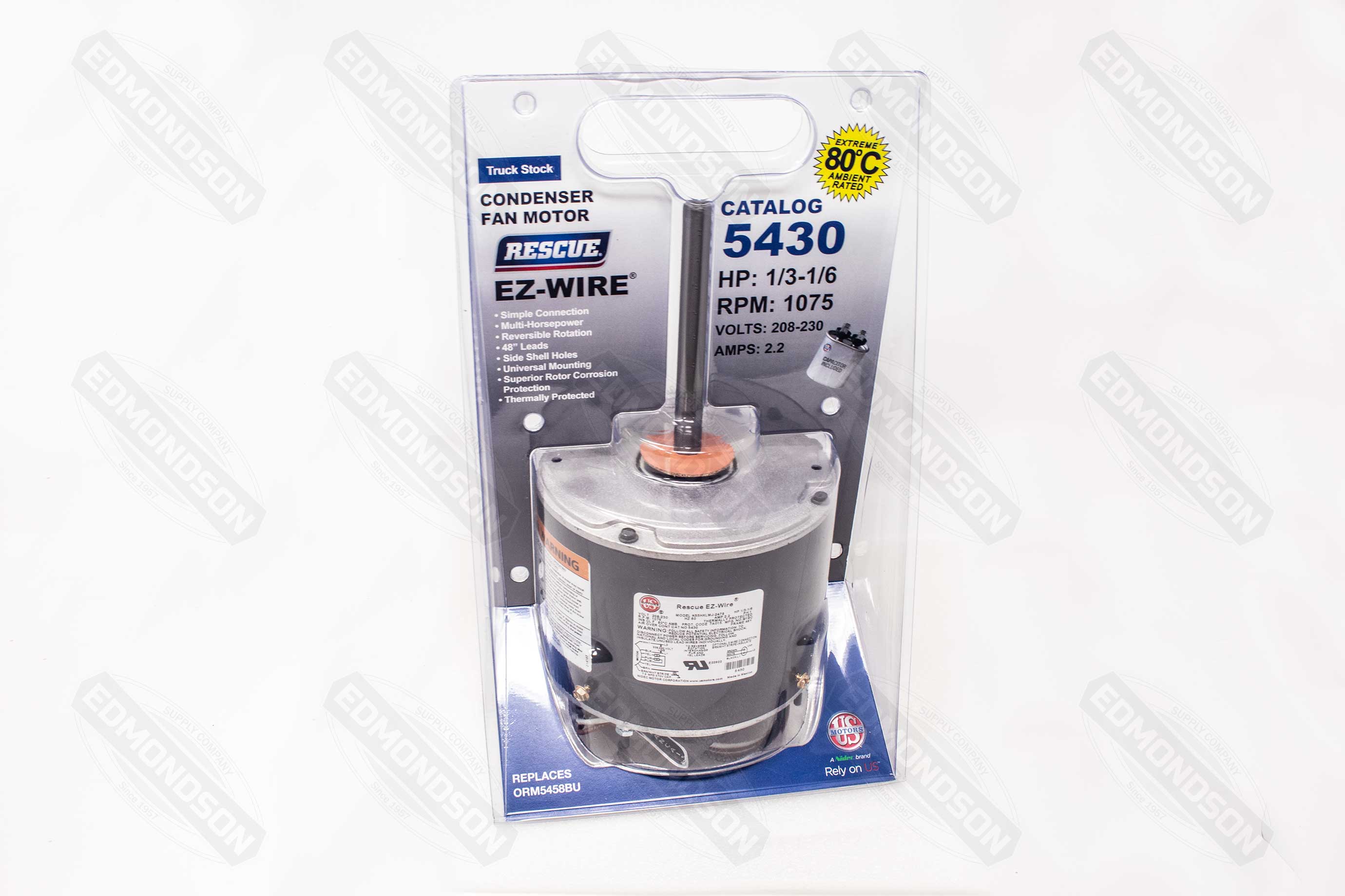 US Motors 5430 RESCUE® EZ-Wire 5.6" Condenser Fan Motor, 208-230V, 1/3-1/6 HP, 1075 RPM - Edmondson Supply