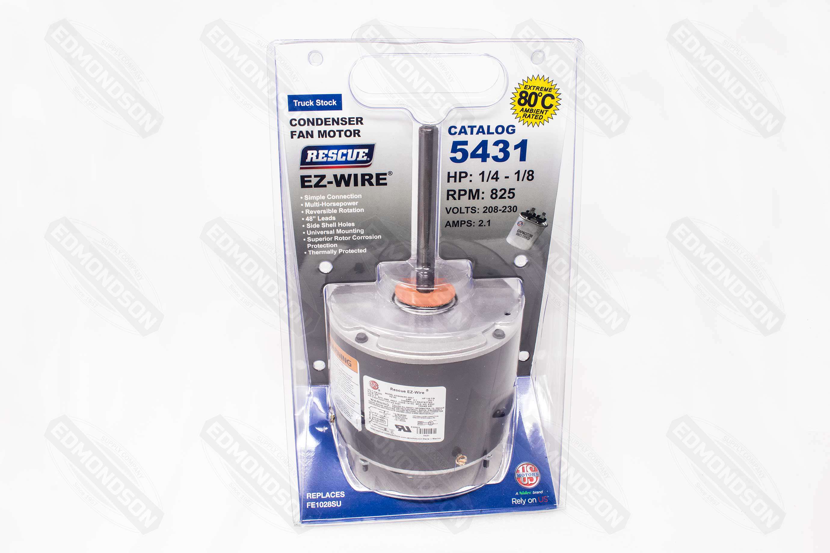 US Motors 5431 RESCUE® EZ-Wire 5.6" Condenser Fan Motor, 208-230V, 1/4-1/8 HP, 825 RPM - Edmondson Supply