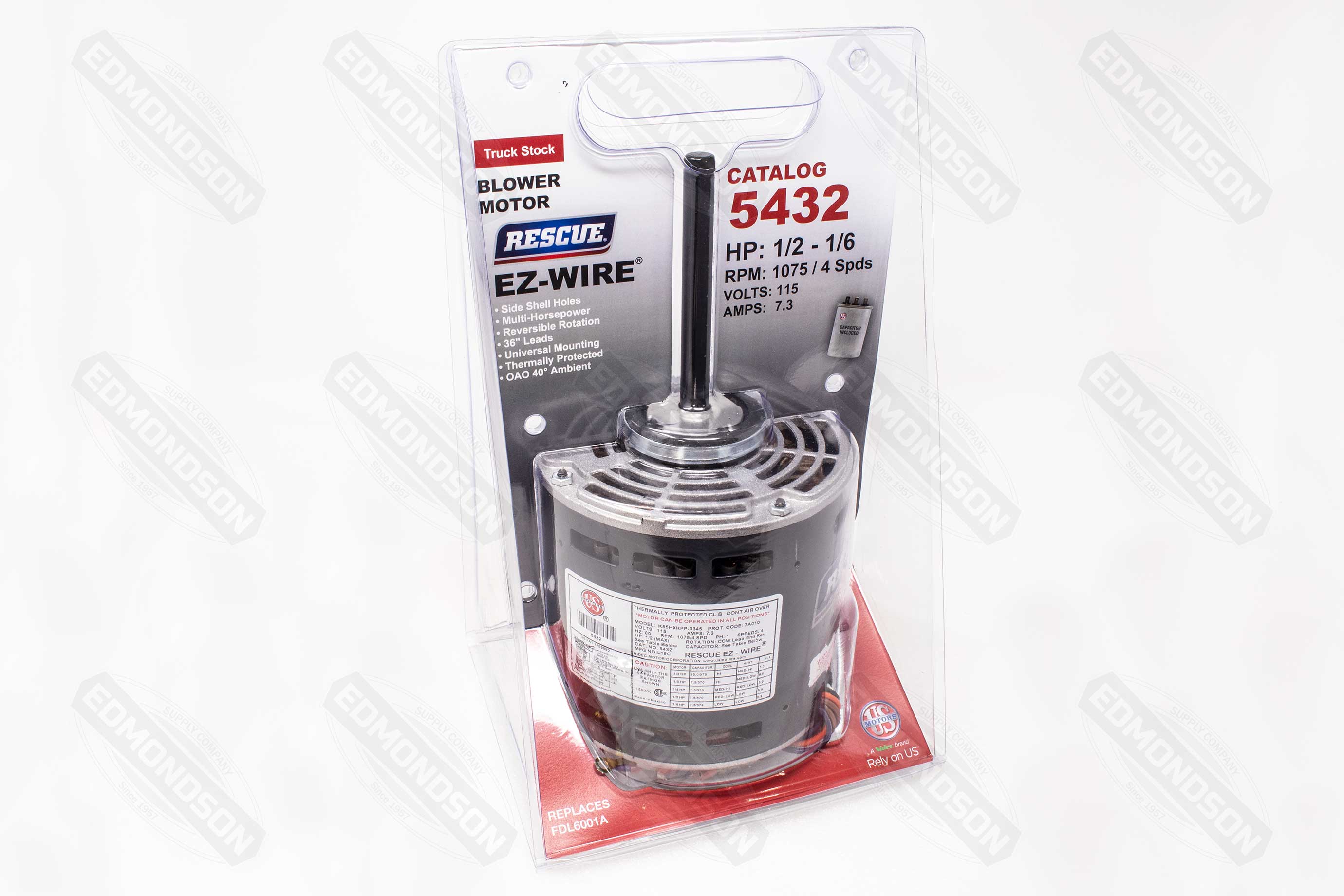 US Motors 5432 RESCUE® EZ-Wire 5.6" Direct Drive Fan & Blower Motor, 115V, 1/2-1/6 HP, 1075 RPM - Edmondson Supply