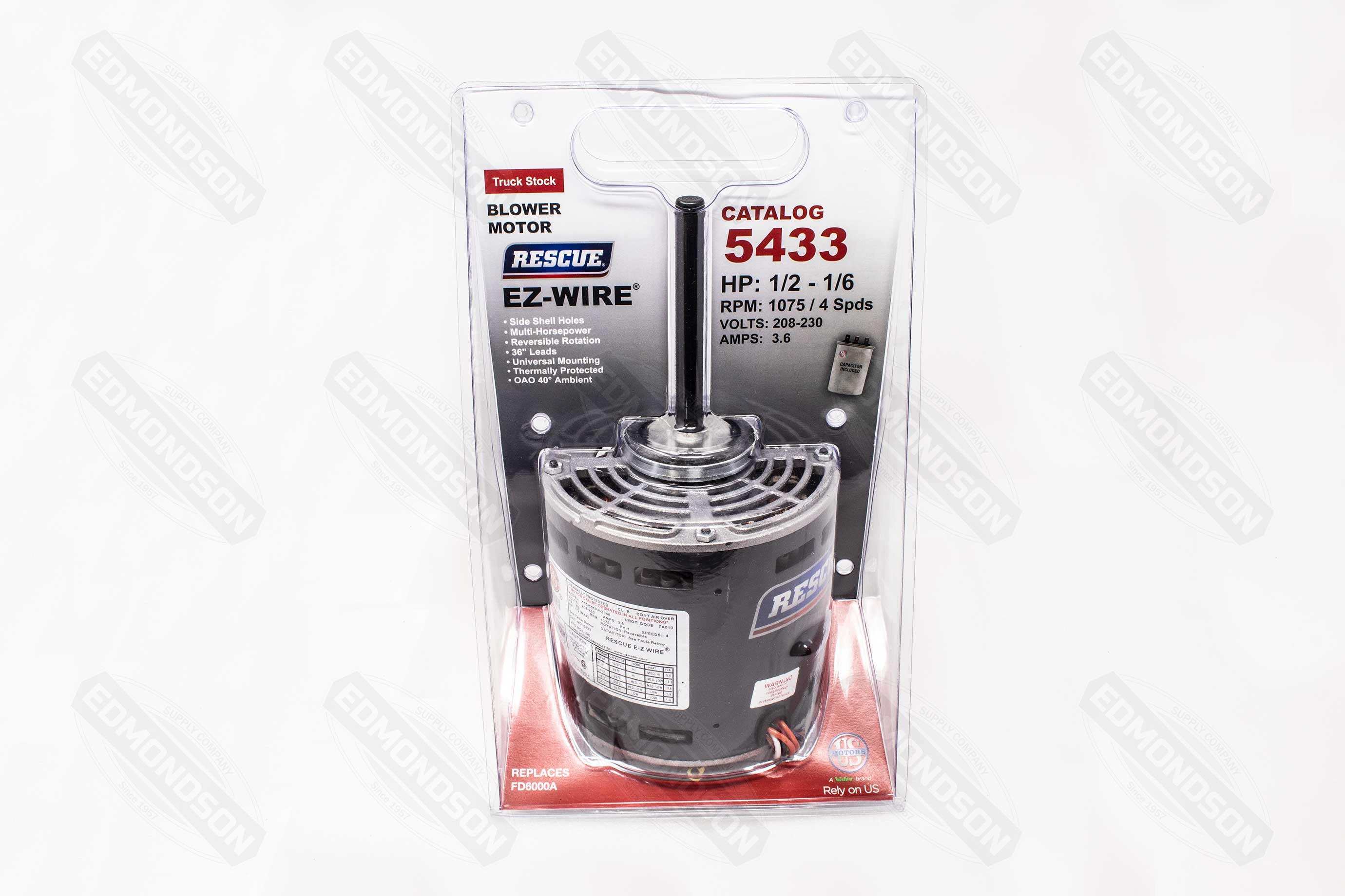 US Motors 5433 RESCUE® EZ-Wire 5.6" Direct Drive Fan & Blower Motor, 208-230V, 1/2-1/6 HP, 1075 RPM - Edmondson Supply