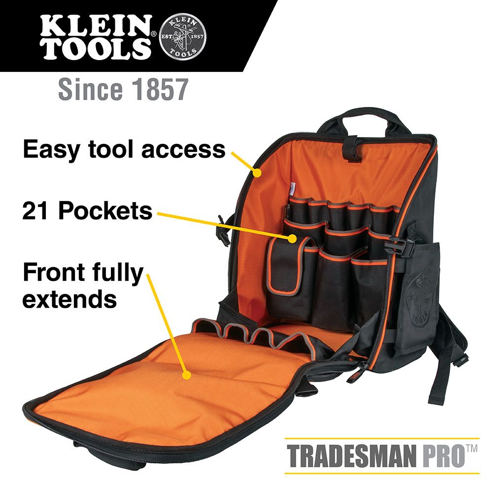 Klein Tools 55482 Tradesman Pro™ Tool Station Tool Bag Backpack, 21 Pockets, 17.25-Inch - Edmondson Supply