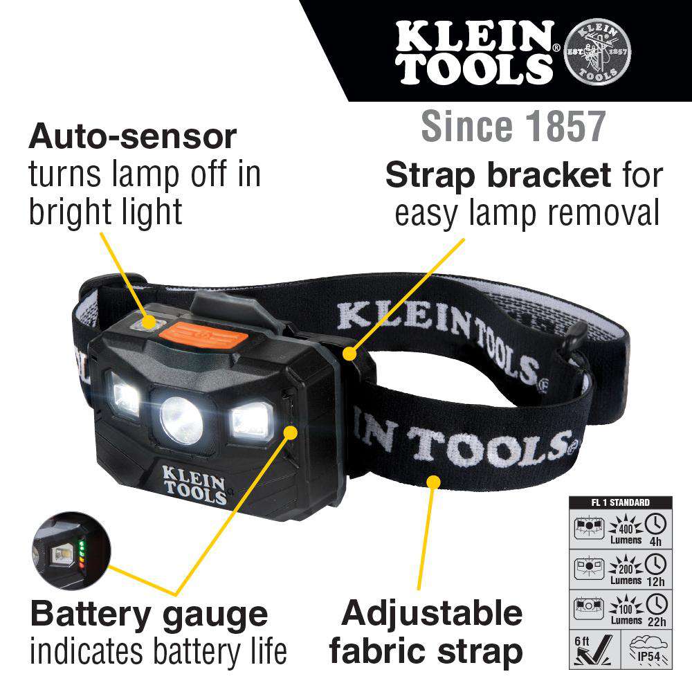 Klein Tools 56048 Rechargeable Headlamp with Fabric Strap, 400 Lumens, All-Day Runtime - Edmondson Supply