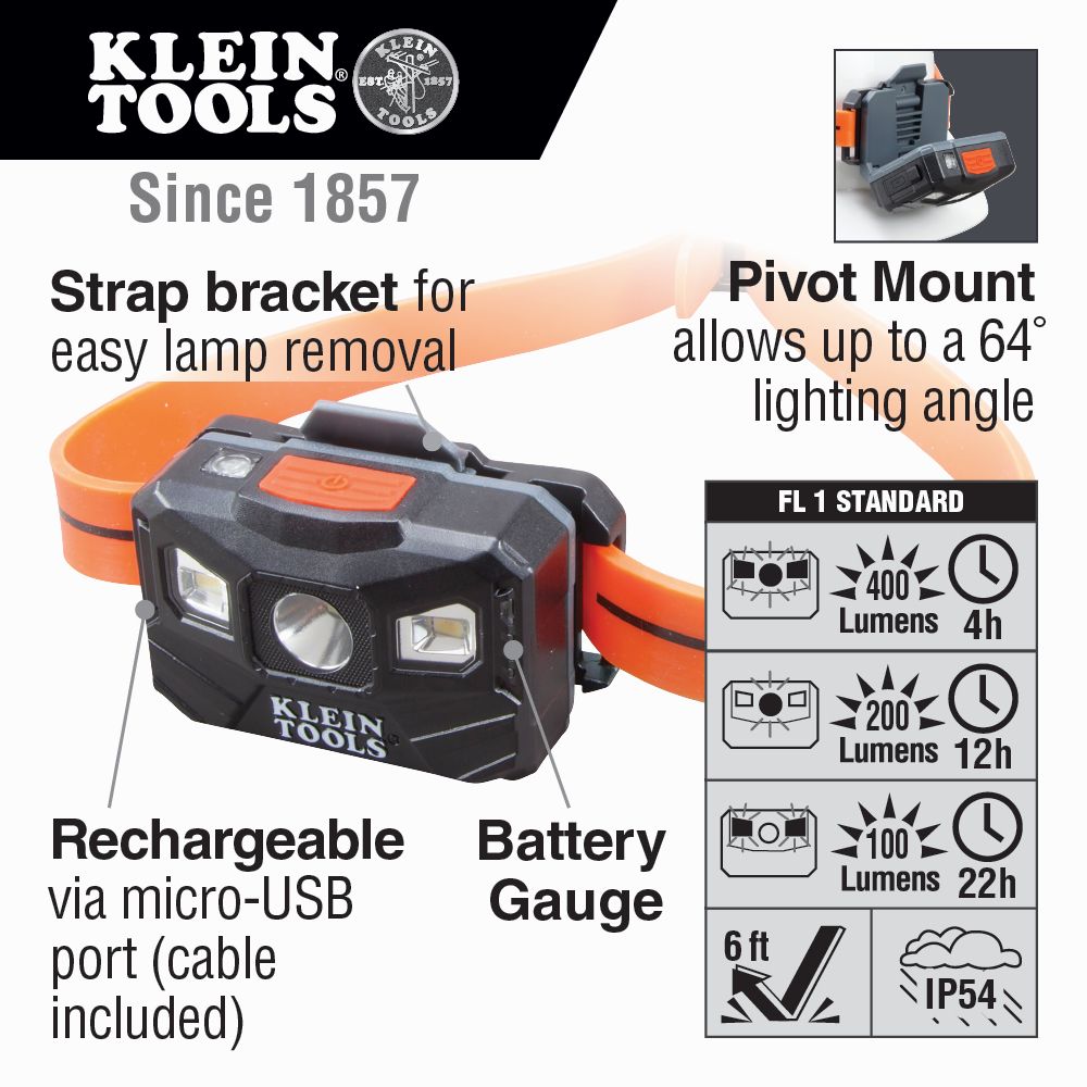 Klein Tools 56064 Rechargeable Headlamp with Silicone Strap, 400 Lumens, All-Day Runtime - Edmondson Supply