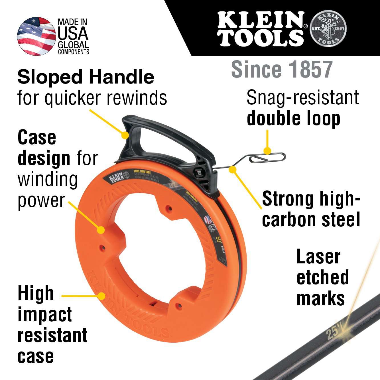 Klein Tools 56331 Steel Fish Tape, 1/8-Inch x 50-Foot - Edmondson Supply