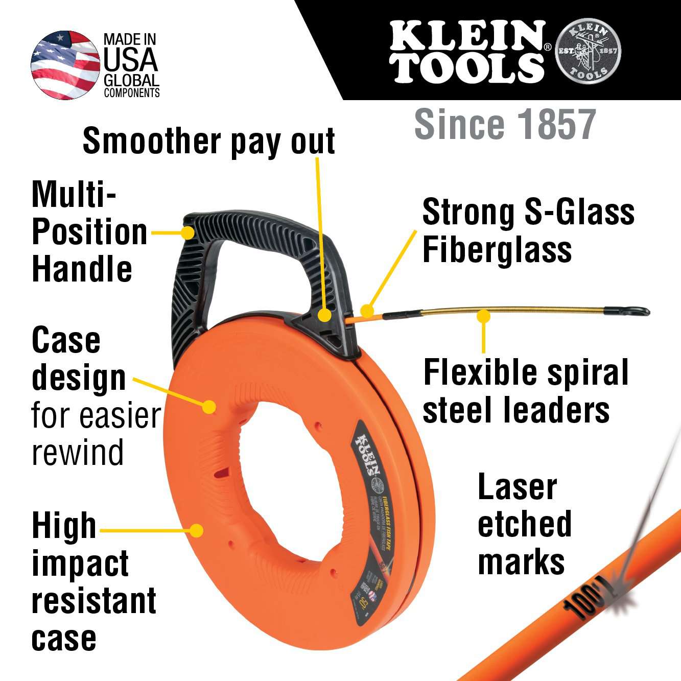 Klein Tools 56350 Fiberglass Fish Tape with Spiral Steel Leader, 50-Foot - Edmondson Supply