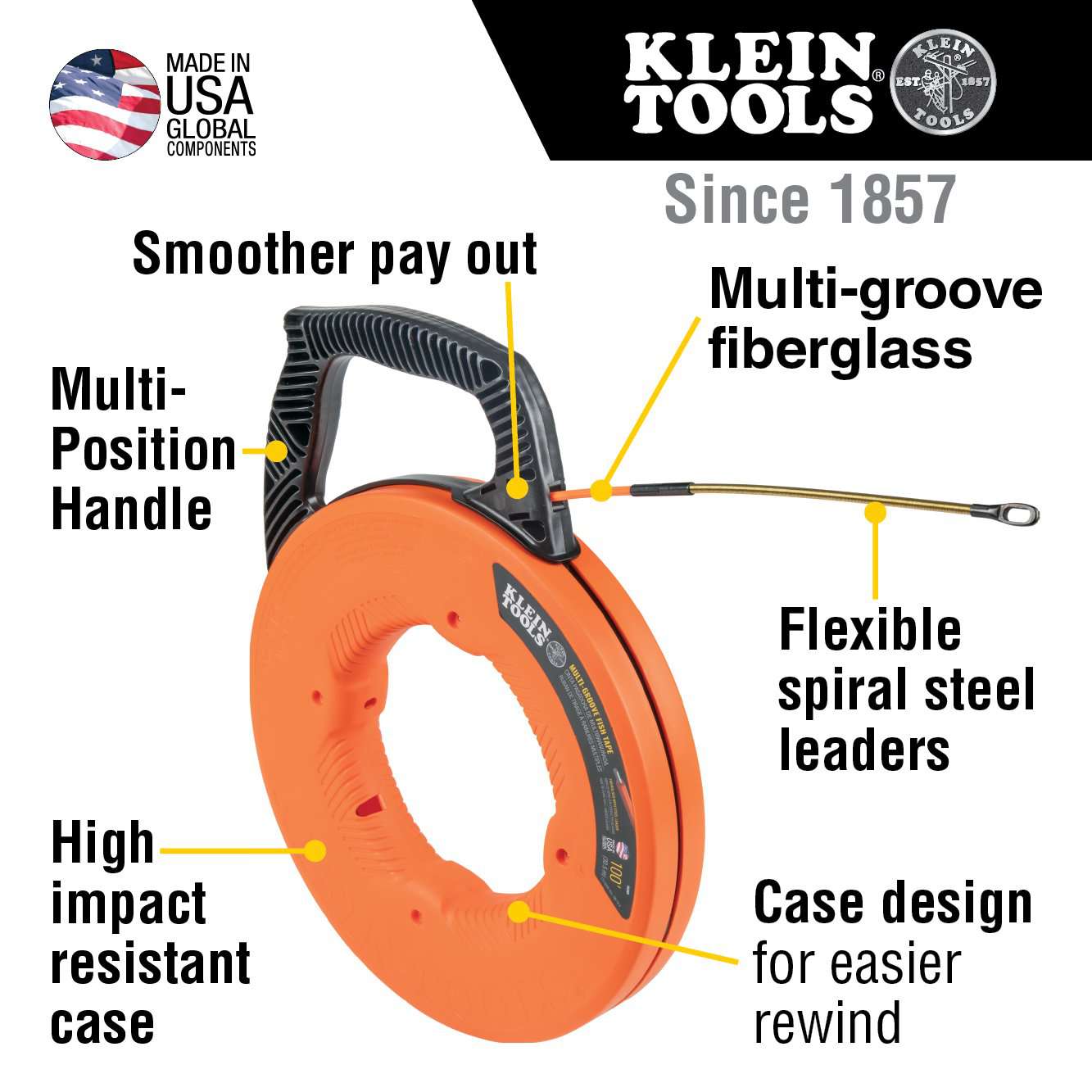 Klein Tools 56380 Multi-Groove Fiberglass Fish Tape with Spiral Steel Leader, 100-Foot - Edmondson Supply