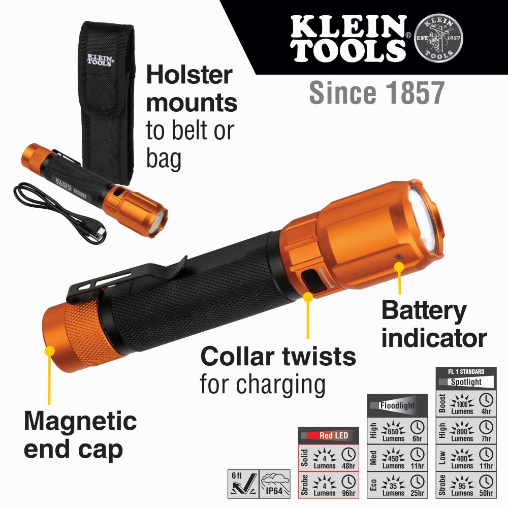 Klein Tools 56413 Rechargeable 2-Color LED Flashlight with Holster - Edmondson Supply