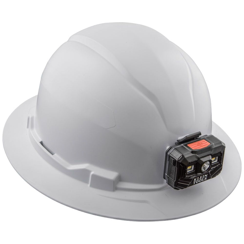 Klein Tools 60406RL Hard Hat, Non-Vented, Full Brim with Rechargeable Headlamp, White - Edmondson Supply