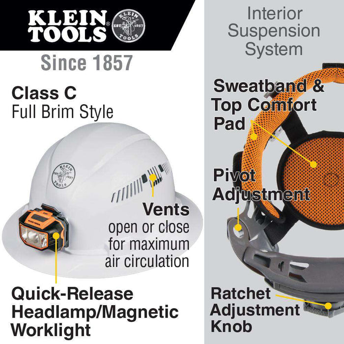 Klein Tools 60407 Hard Hat, Vented, Full Brim with Headlamp - Edmondson Supply