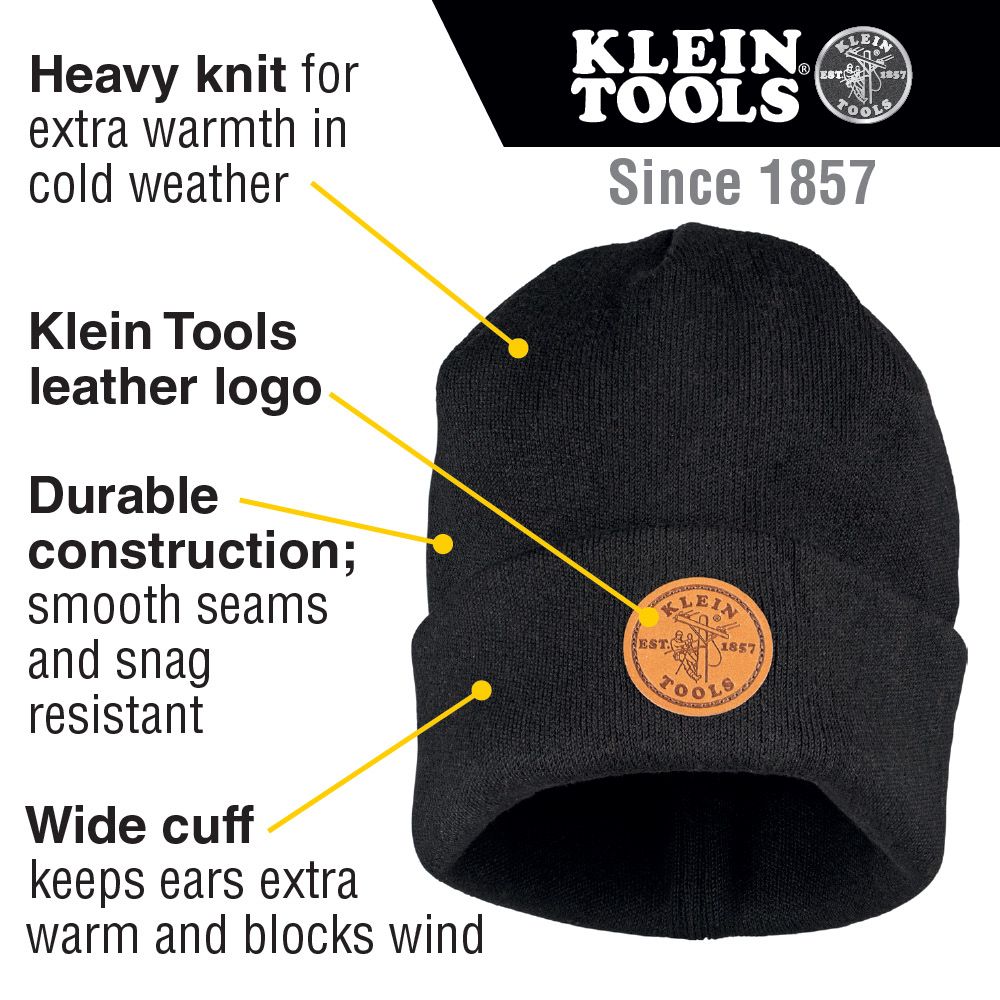 Klein Tools 60569 Heavy Knit Hat, Black, Leather Logo - Edmondson Supply