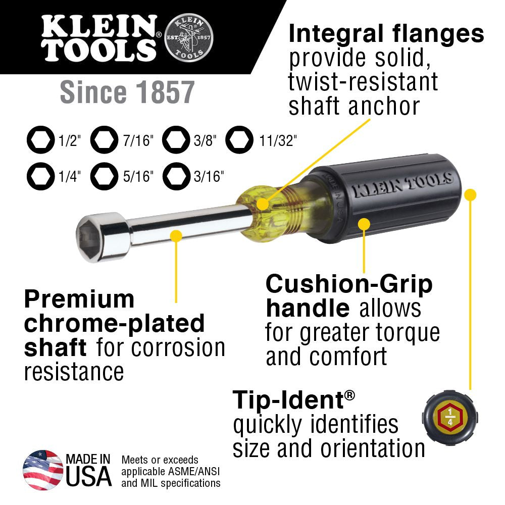 Klein Tools 647 Nut Driver Set, 6-Inch Shafts, 7-Piece - Edmondson Supply