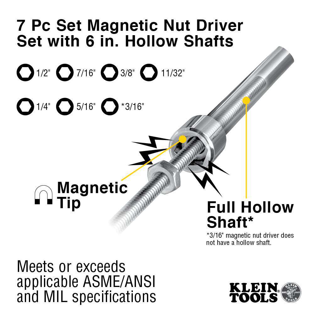 Klein Tools 647M Magnetic Nut Driver Set, 6-Inch Shafts, 7-Piece - Edmondson Supply