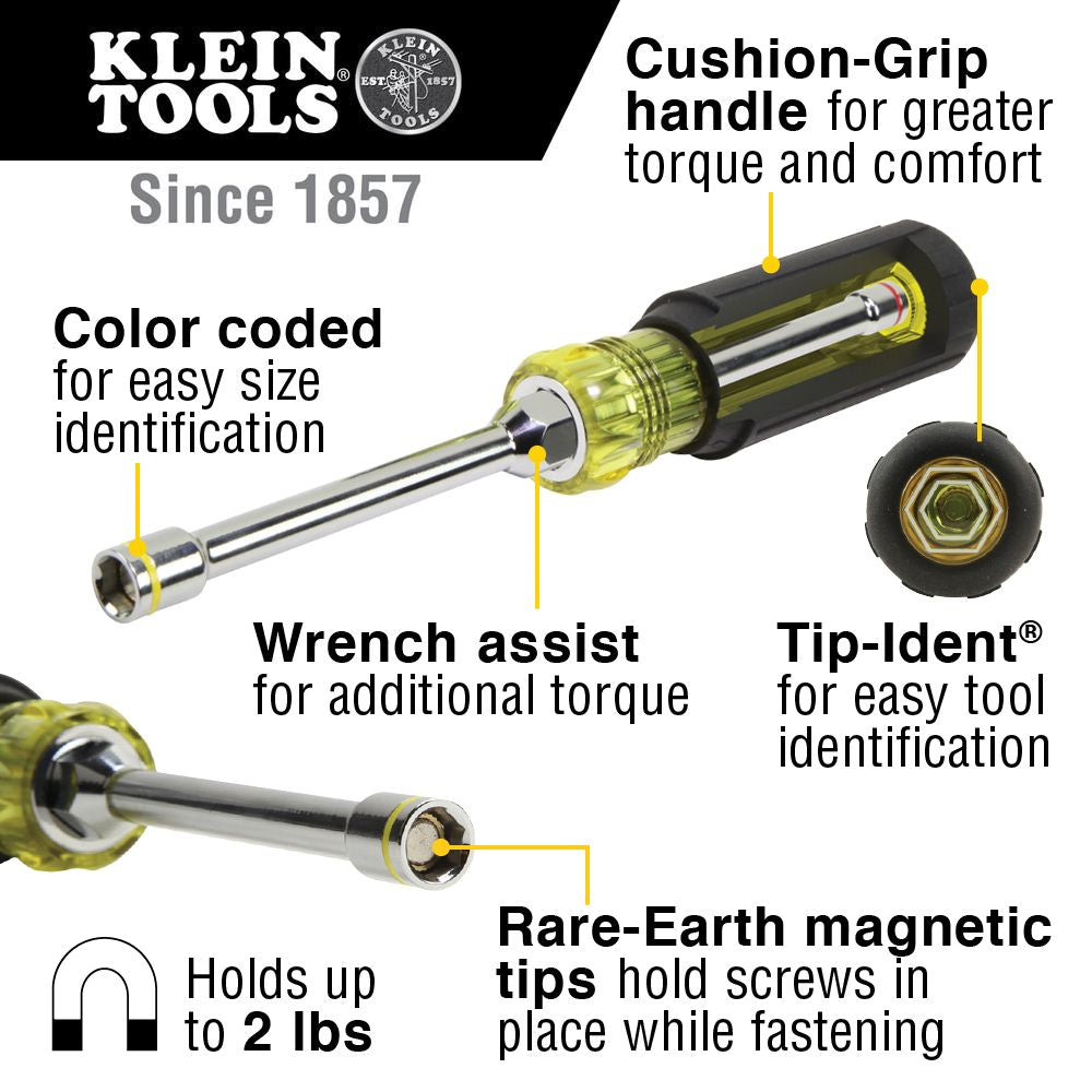 Klein Tools 65064 2-in-1 Nut Driver, Hex Head, 1/4-Inch and 5/16-Inch - Edmondson Supply