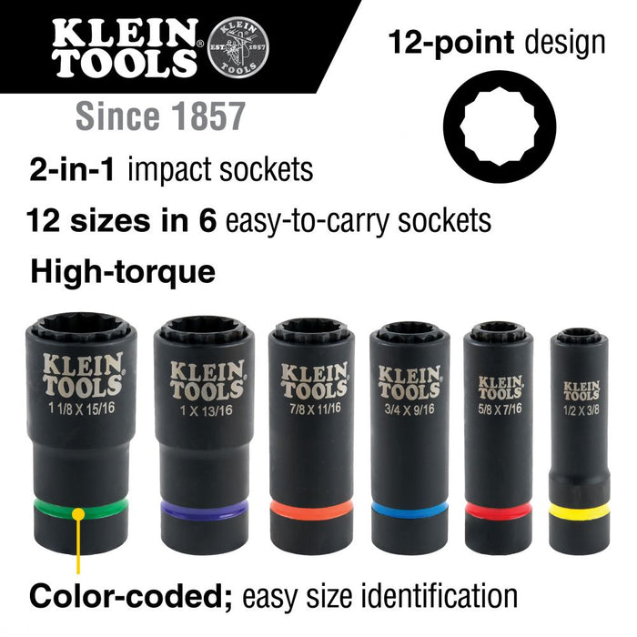Klein Tools 66010 2-In-1 Impact Socket Set, 12-Point, 6-Piece
