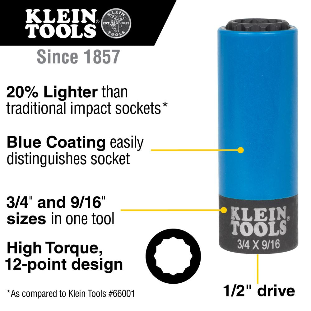 Klein Tools 66030 2-in-1 Coated Impact Socket, 12-Point, 3/4" and 9/16" - Edmondson Supply