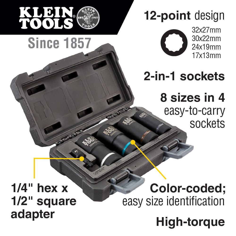 Klein Tools 66050E 2-in-1 Metric Impact Socket Set, 12-Point, 5-Piece - Edmondson Supply