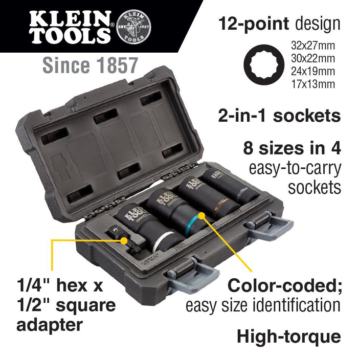 Klein Tools 66050E 2-in-1 Metric Impact Socket Set, 12-Point, 5-Piece