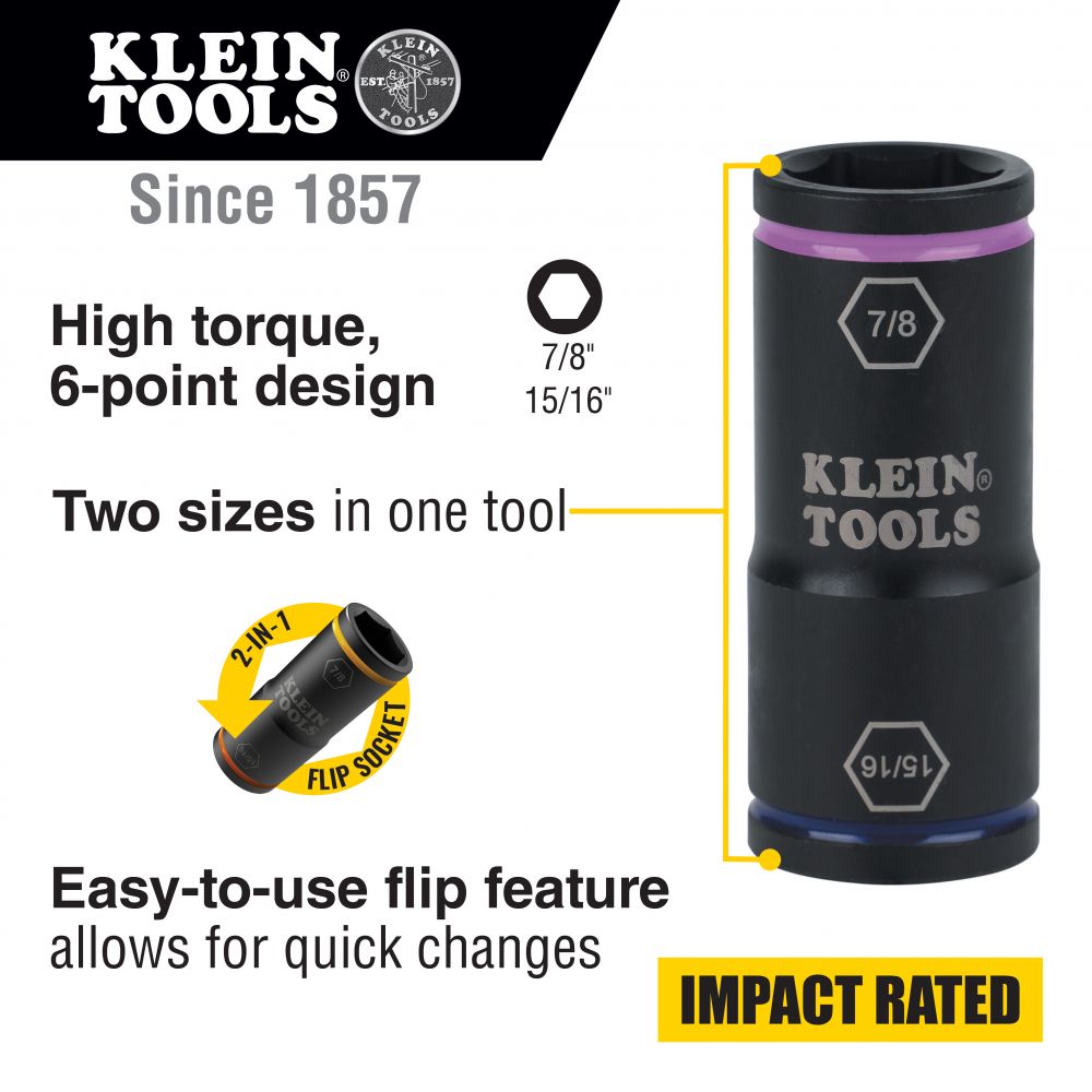 Klein Tools 66073 Flip Impact Socket, 15/16 and 7/8-Inch - Edmondson Supply 