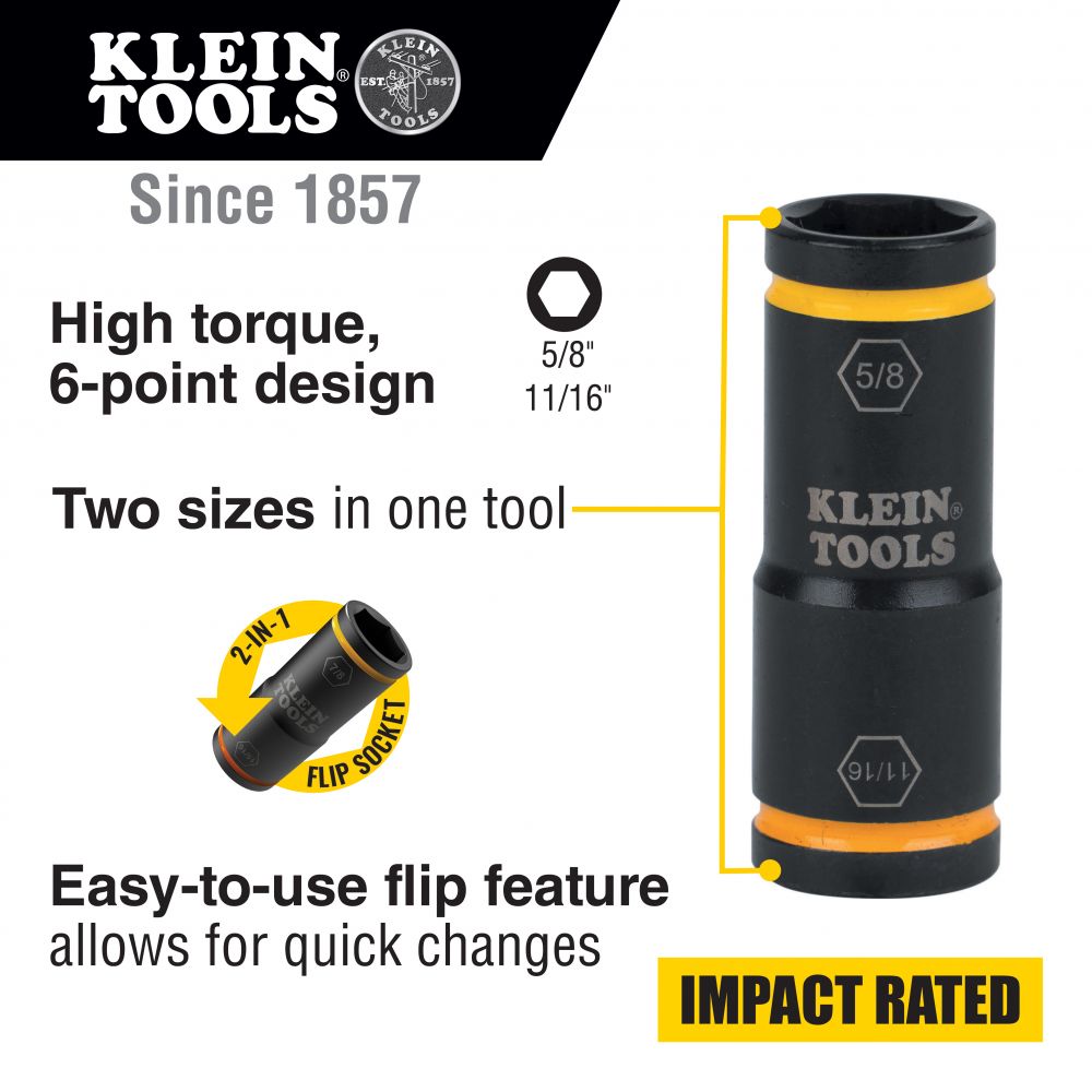 Klein Tools 66075 Flip Impact Socket, 11/16 and 5/8-Inch - Edmondson Supply