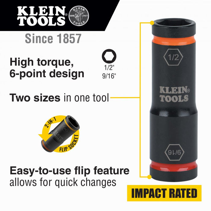 Klein Tools 66076 Flip Impact Socket, 9/16 and 1/2-Inch - Edmondson Supply