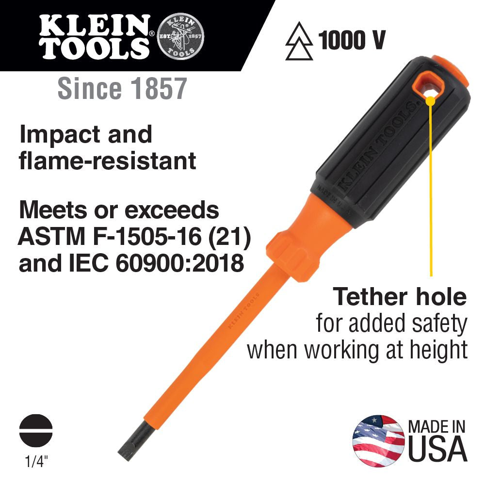 Klein Tools 6824INS Insulated Screwdriver, 1/4-Inch Cabinet Tip, 4-Inch Round Shank - Edmondson Supply