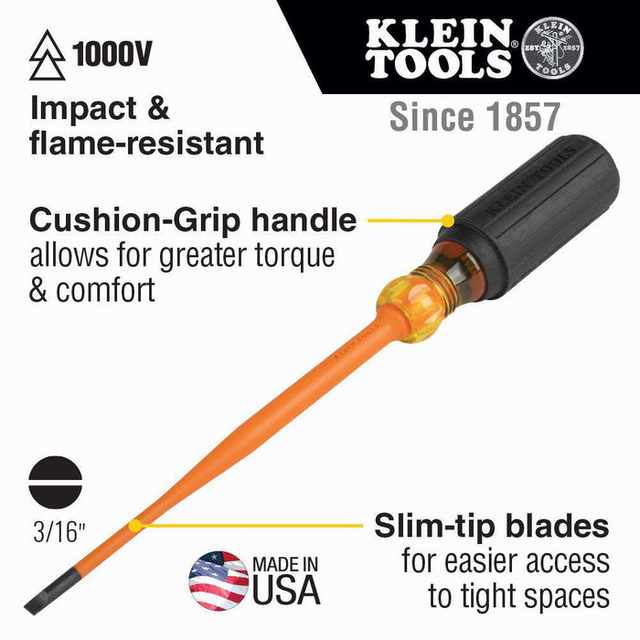 Klein Tools 6924INS Slim-Tip Insulated Screwdriver, 1/4-Inch Cabinet, 4-Inch Shank - Edmondson Supply