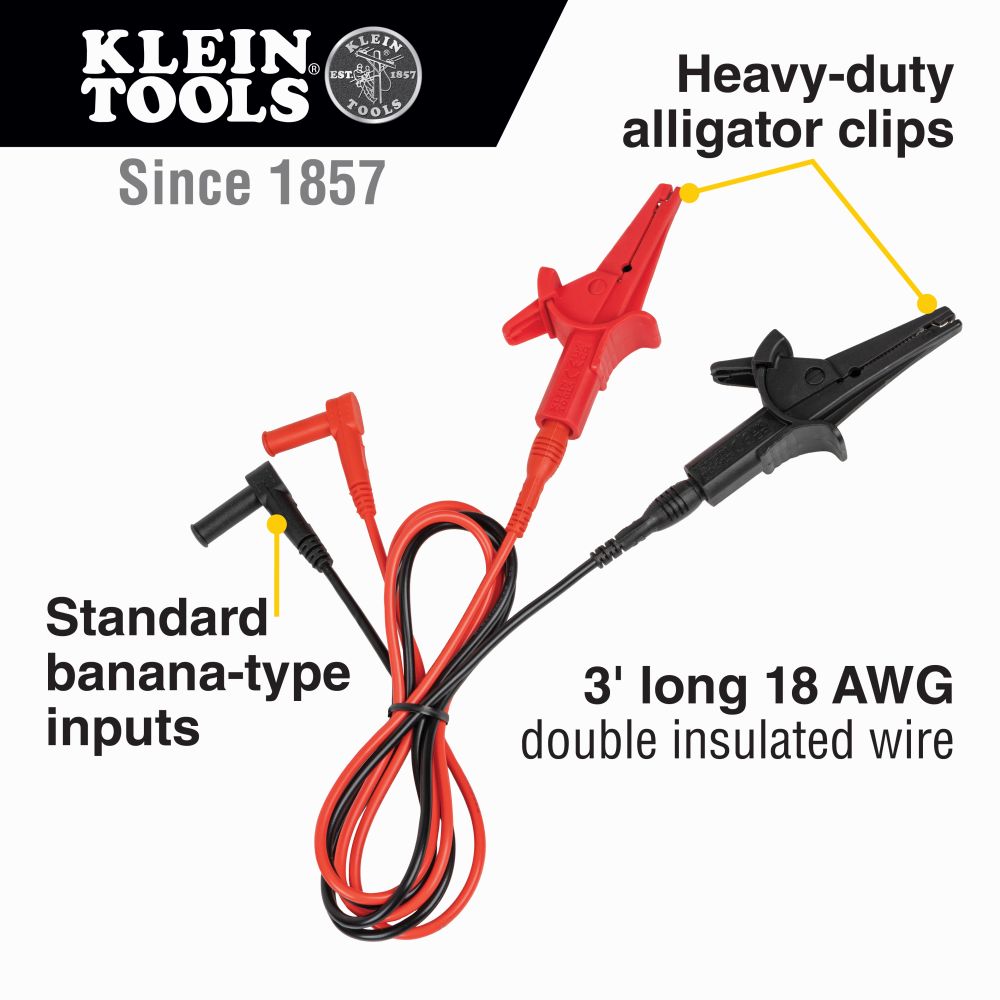 Klein Tools 69381 Heavy-Duty Alligator Clip Test Leads, 3-Foot - Edmondson Supply