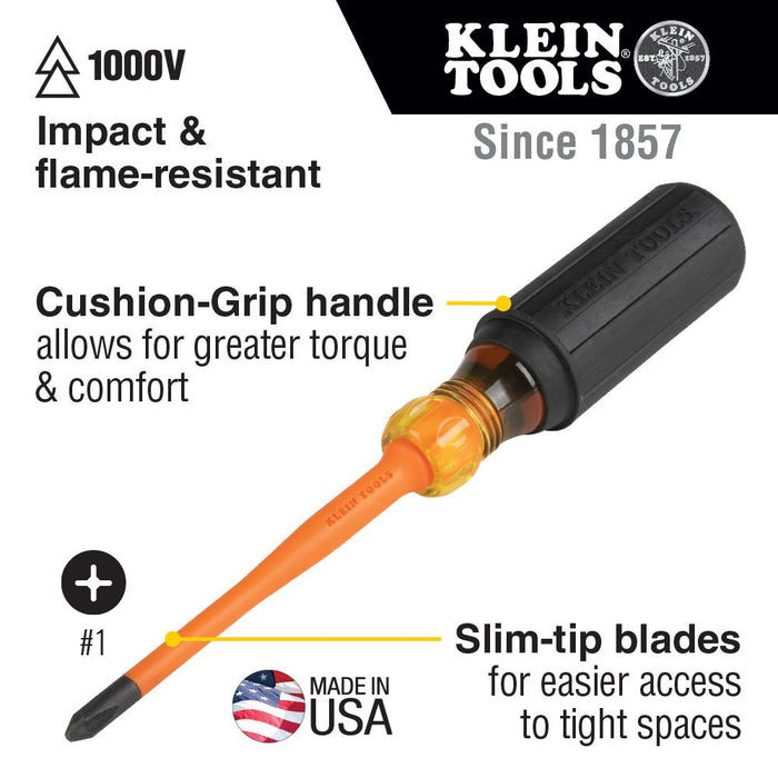 Klein Tools 6956INS Slim-Tip 1000V Insulated Screwdriver, #1 Phillips, 6-Inch