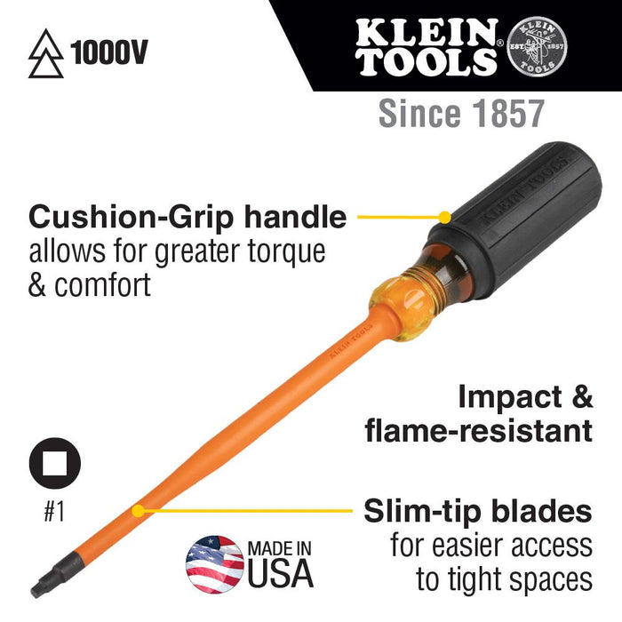 Klein Tools 6984INS Slim-Tip 1000V Insulated Screwdriver, #1 Square, 4-Inch Round Shank