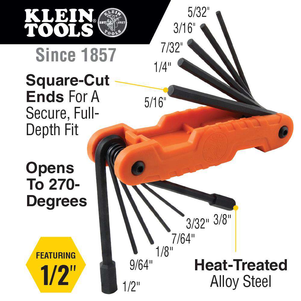 Klein Tools 70550 Pro Folding Hex Key Set, 11 Fractional Inch-Sized Keys - Edmondson Supply