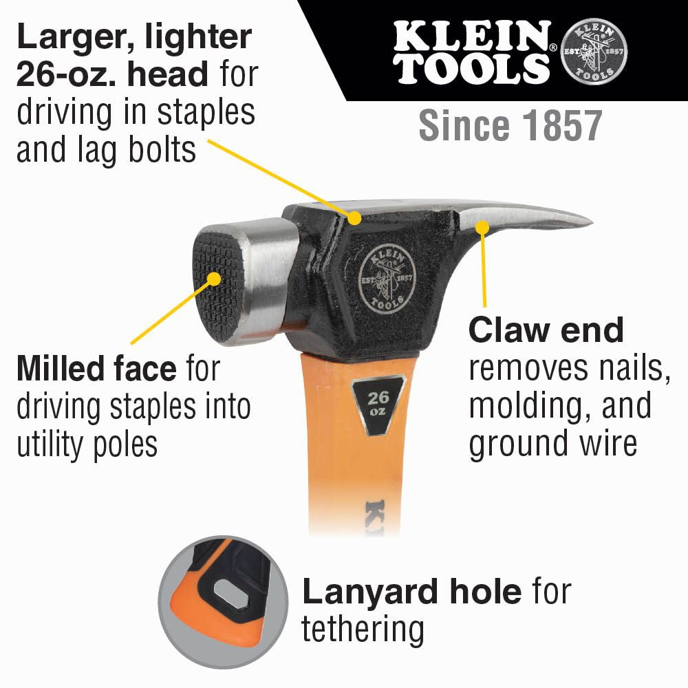 Klein Tools 832-26 Lineman's Claw Milled Hammer - Edmondson Supply