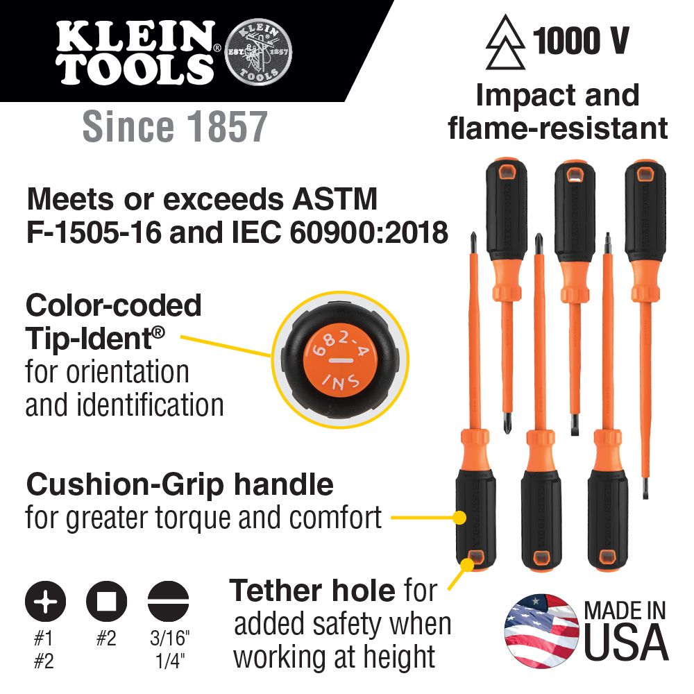 Klein Tools 85076INS Screwdriver Set, 1000V Insulated, 6-Piece - Edmondson Supply
