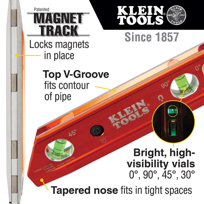 Klein Tools 935RBLT Lighted Torpedo Billet Level, Rare Earth Magnet