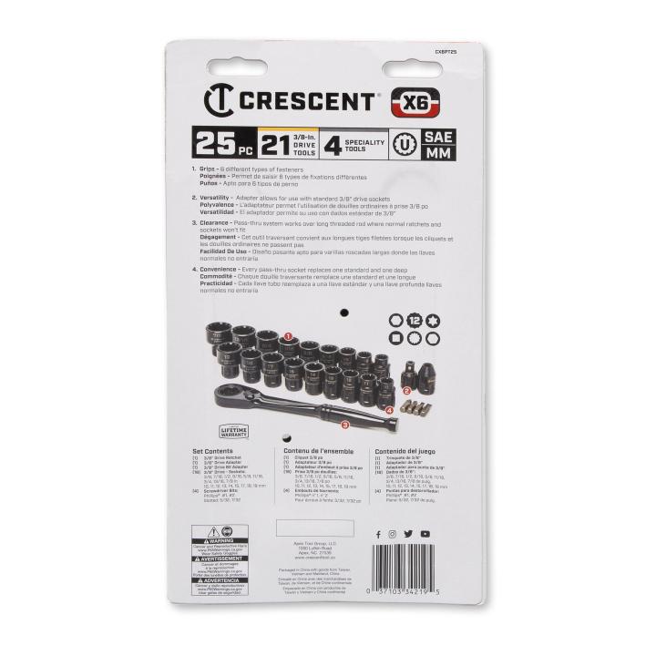 Crescent Tools CX6PT25 25 Pc. 3/8" Drive Pass-Thru™ X6™ Standard Spline Mechanics Tool Set - Edmondson Supply