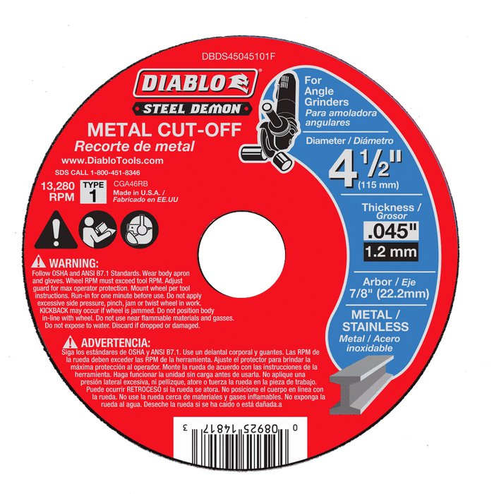 Diablo Tools DBDS45045101F Steel Demon 4-1/2 in. Type 1 Metal Cut-Off Disc