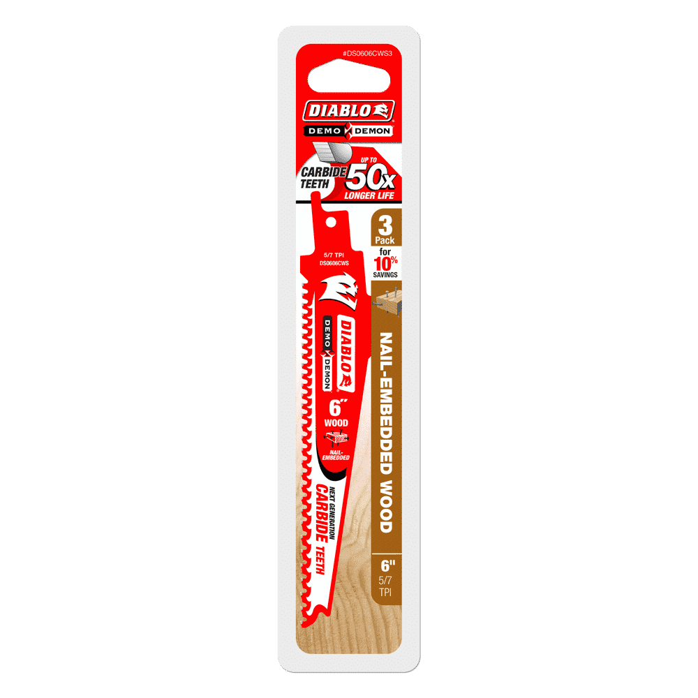 Diablo Tools DS0606CWS3 6 in. Demo Demon Carbide Recip Blade for Nail-Embedded Wood (3-Pack) - Edmondson Supply