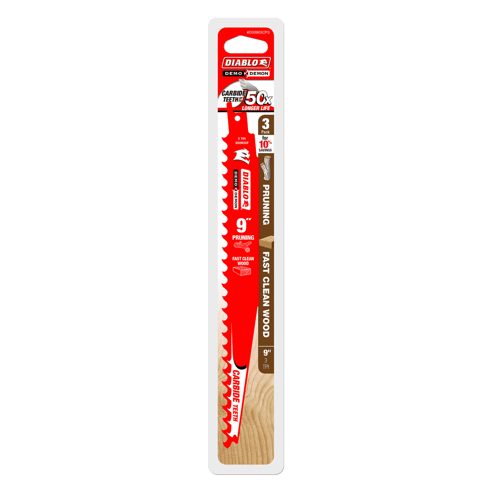Diablo Tools DS0903CP3 9 in. 3TPI Demo Demon Carbide Tipped Reciprocating Saw Blades for Pruning and Clean Wood (Pack of 3) - Edmondson Supply