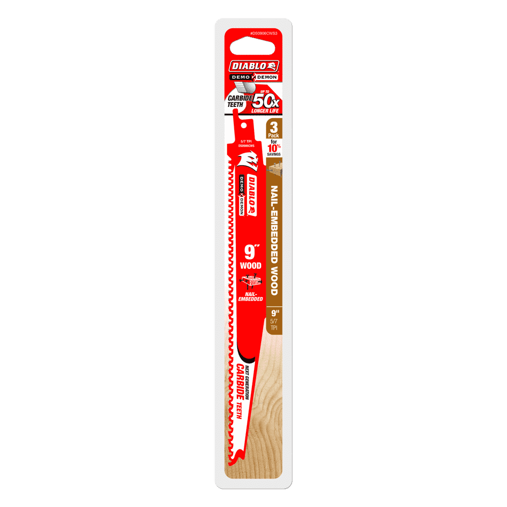 Diablo Tools DS0906CWS3 9 in. Demo Demon Carbide Recip Blade for Nail-Embedded Wood (3 Pack) - Edmondson Supply