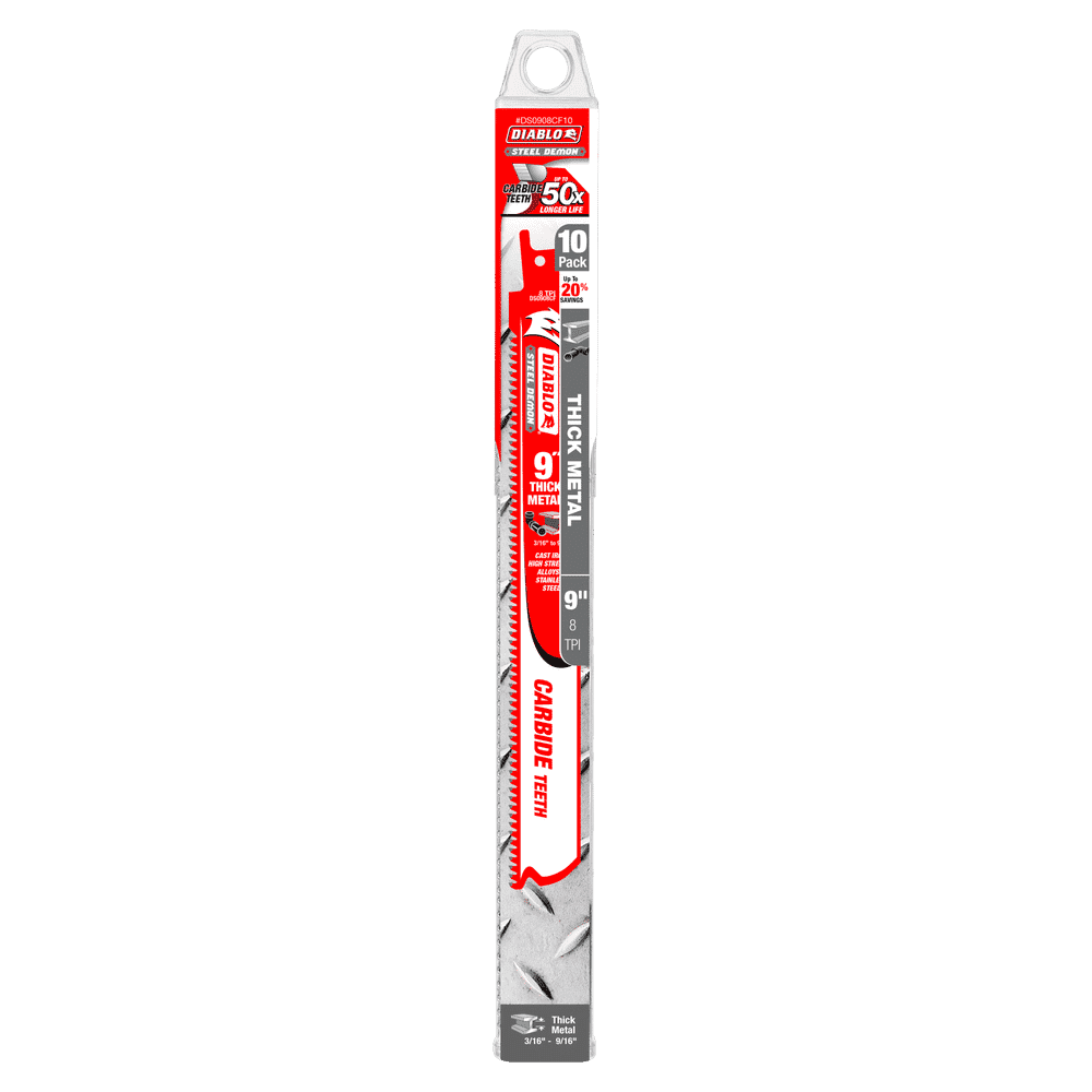 Diablo Tools DS0908CF10 9 in. Steel Demon Carbide Recip Blades for Thick Metal (3/16 in. - 9/16 in.) Cutting (10-Pack) - Edmondson Supply