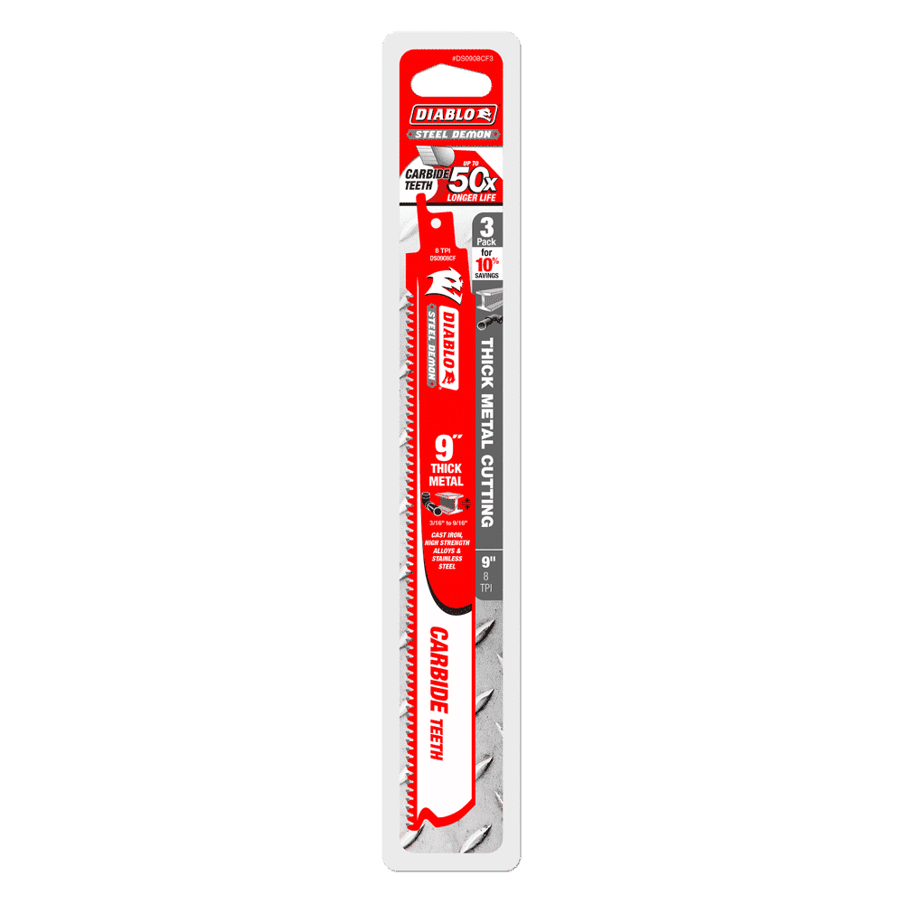 Diablo Tools DS0908CF3 9" 8TPI Steel Demon™ Carbide Teeth Reciprocating Saw Blades for Thick Metal (3 Pack) - Edmondson Supply