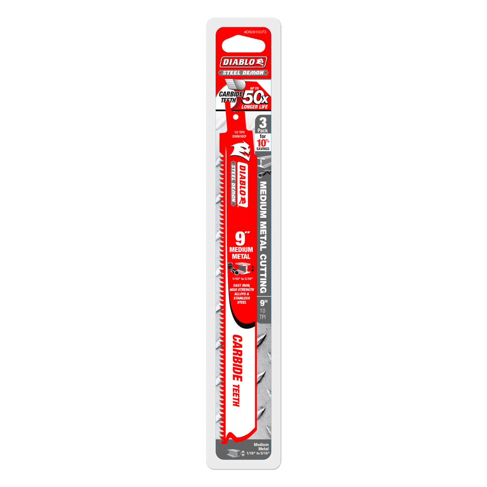 Diablo Tools DS0910CF3 9 in. Steel Demon Carbide Recip Blades for Medium Metal (1/16 in. - 5/16 in.) Cutting (3-Pack) - Edmondson Supply
