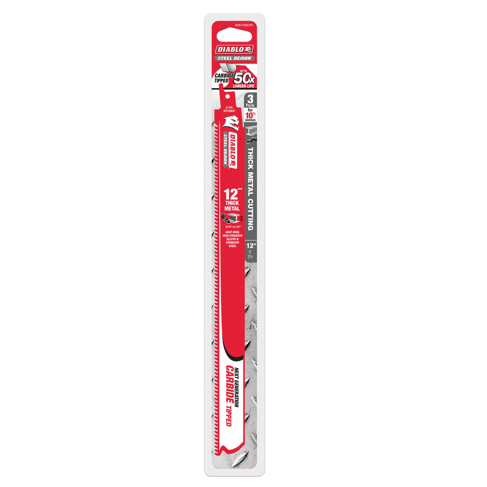 Diablo Tools DS1208CF3 12 in. Steel Demon Carbide Recip Blades for Thick Metal (3/16 in. - 9/16 in.) Cutting (3-Pack) - Edmondson Supply