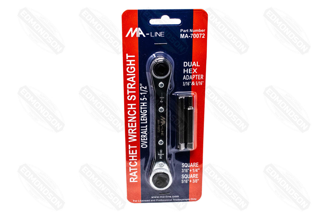 MA-Line 5-1/2" Straight Ratchet Service Wrench with Dual Hex Adapters, 3/16" & 5/16" - Edmondson Supply