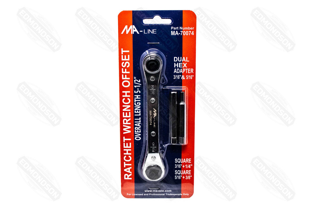 MA-Line 5-1/2" Offset Ratchet Service Wrench with Dual Hex Adapters, 3/16" & 5/16" - Edmondson Supply