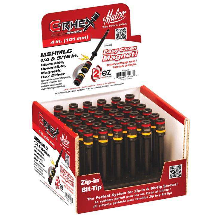 Malco Tools MSHMLC 4-Inch C-Rhex Cleanable, Reversible Magnetic Hex Driver, 1/4" & 5/16" - Edmondson Supply