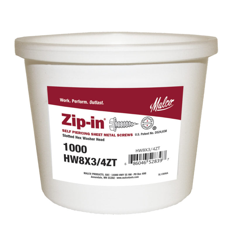Malco Tools HW8X3/4ZT Zip-in® Self Piercing Sheet Metal Screws, #8 x 3/4", 1000 Count - Edmondson Supply
