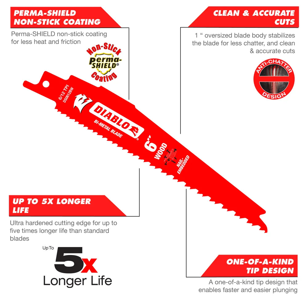 Diablo Tools DS0612BW5 6 in. Bi-Metal Recip Blade for Nail Embedded Wood (5-Pack) - Edmondson Supply
