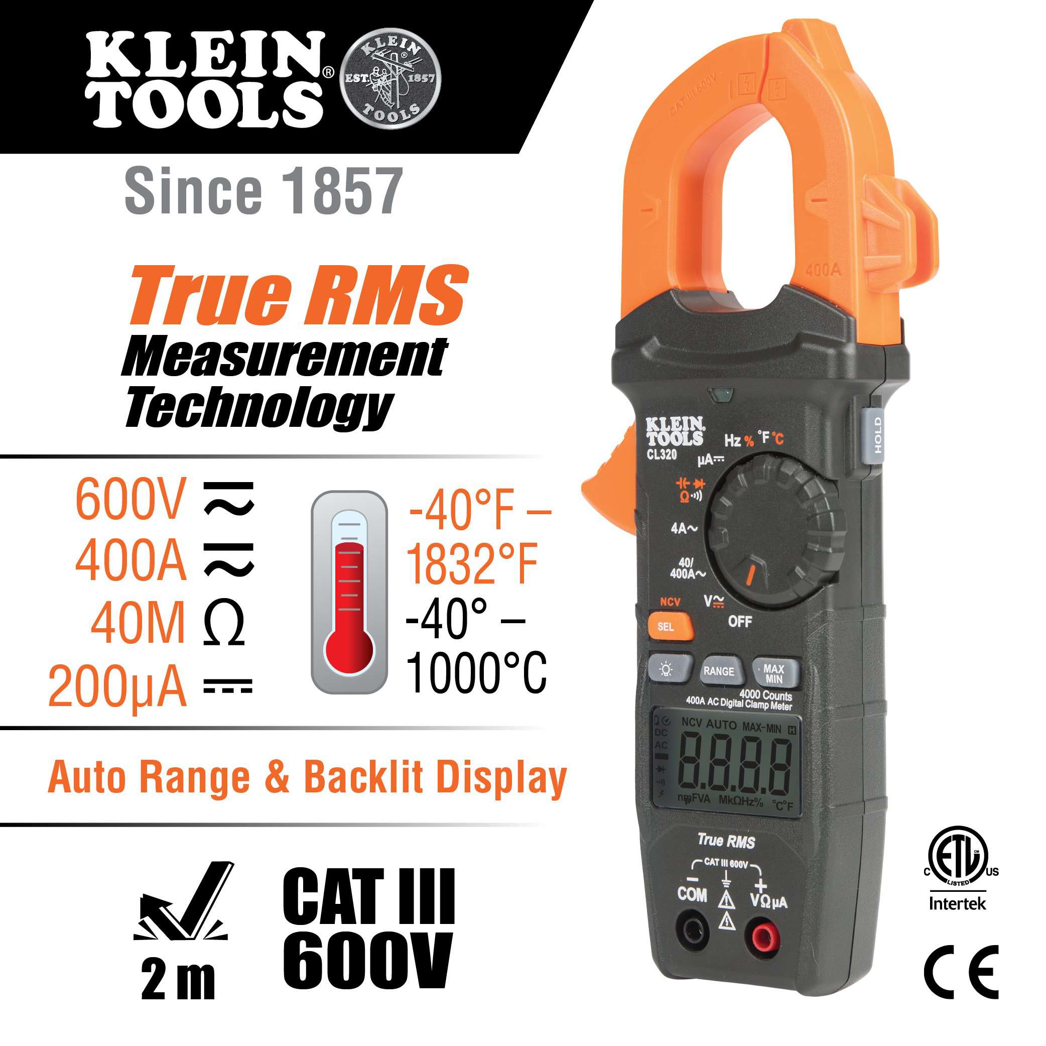 Klein Tools CL320 HVAC Digital Clamp Meter, AC Auto-Ranging 400 Amp - Edmondson Supply